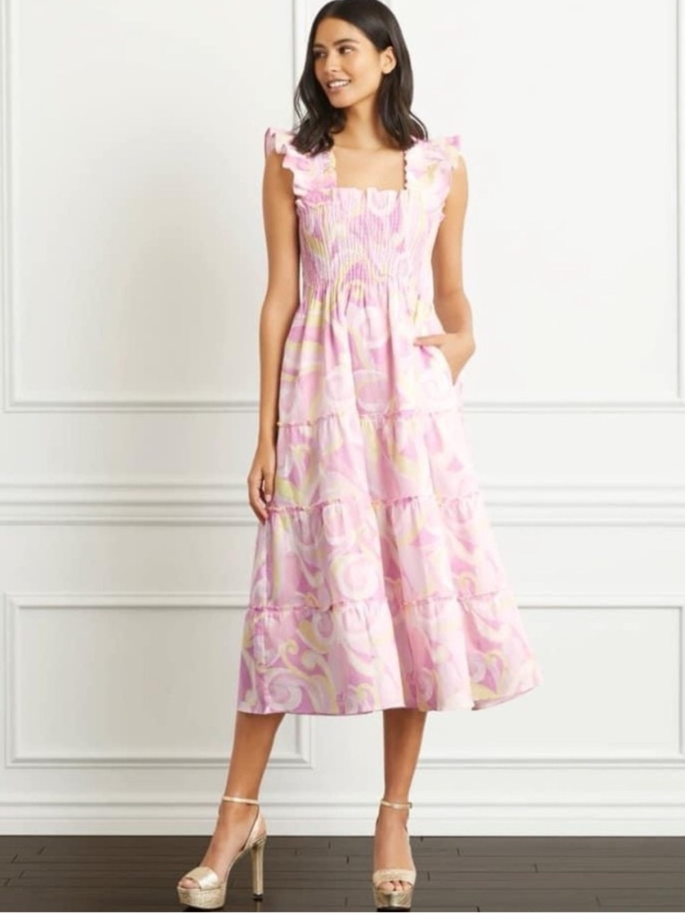 Hill House Home Ellie Nap Midi Dress Candy pink Kaleidoscope Linen Size S
